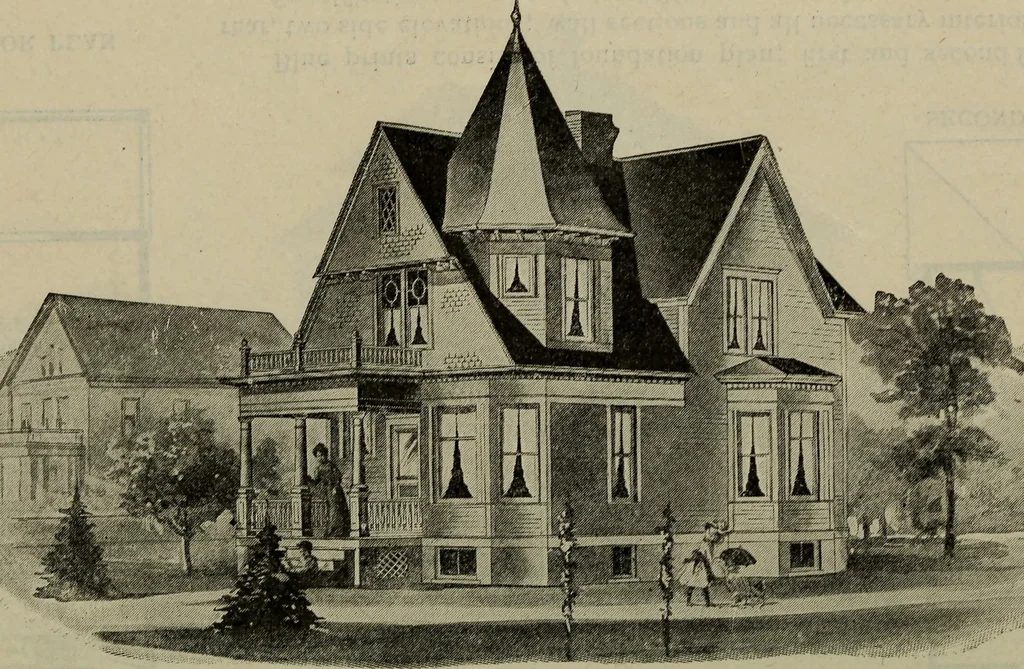 An illustration from Practical bungalows and cottages for town and country, perspective views and floor plans for three hundred low and medium priced houses and bungalows .., 1916, leaf 199
