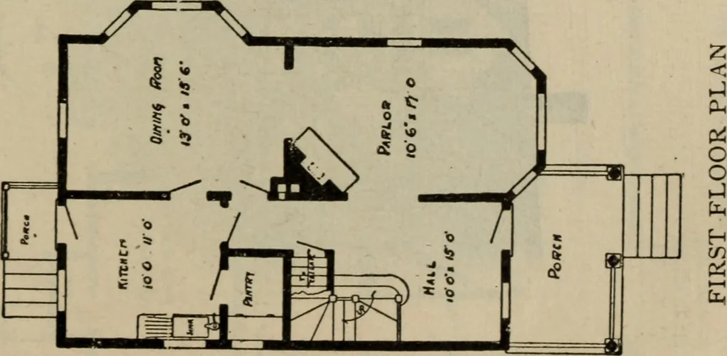 An illustration from Practical bungalows and cottages for town and country, perspective views and floor plans for three hundred low and medium priced houses and bungalows .., 1916, leaf 200