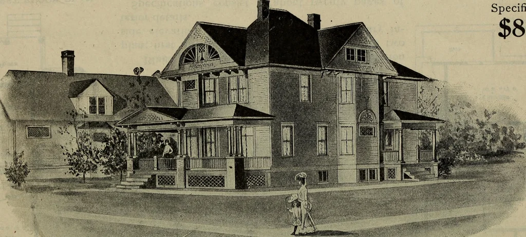 An illustration from Practical bungalows and cottages for town and country, perspective views and floor plans for three hundred low and medium priced houses and bungalows .., 1916, leaf 201
