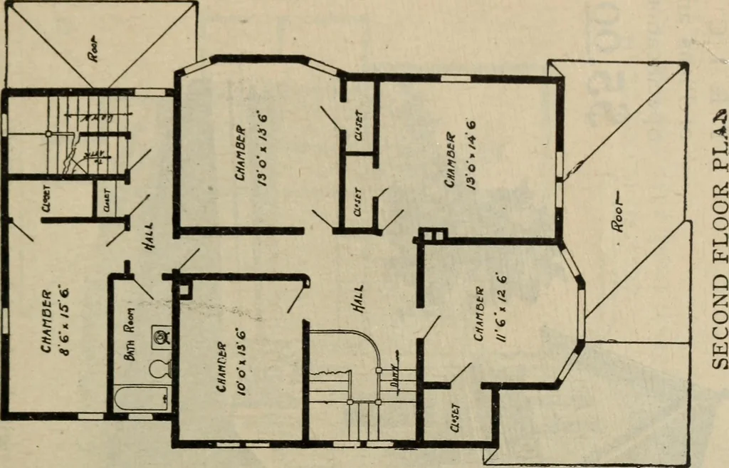 An illustration from Practical bungalows and cottages for town and country, perspective views and floor plans for three hundred low and medium priced houses and bungalows .., 1916, leaf 202