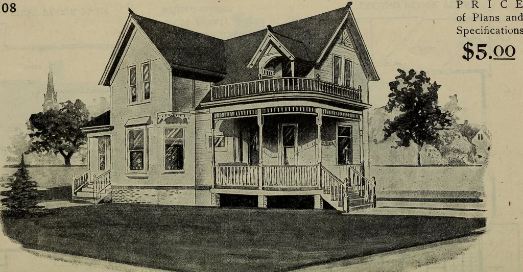An illustration from Practical bungalows and cottages for town and country, perspective views and floor plans for three hundred low and medium priced houses and bungalows .., 1916, leaf 203