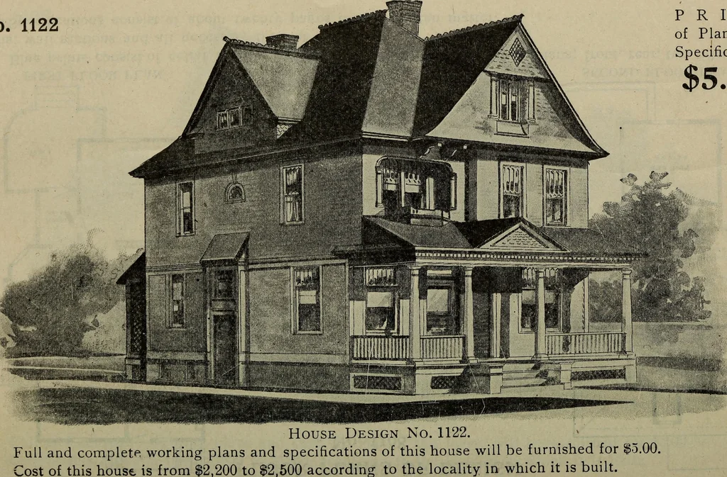 An illustration from Practical bungalows and cottages for town and country, perspective views and floor plans for three hundred low and medium priced houses and bungalows .., 1916, leaf 205
