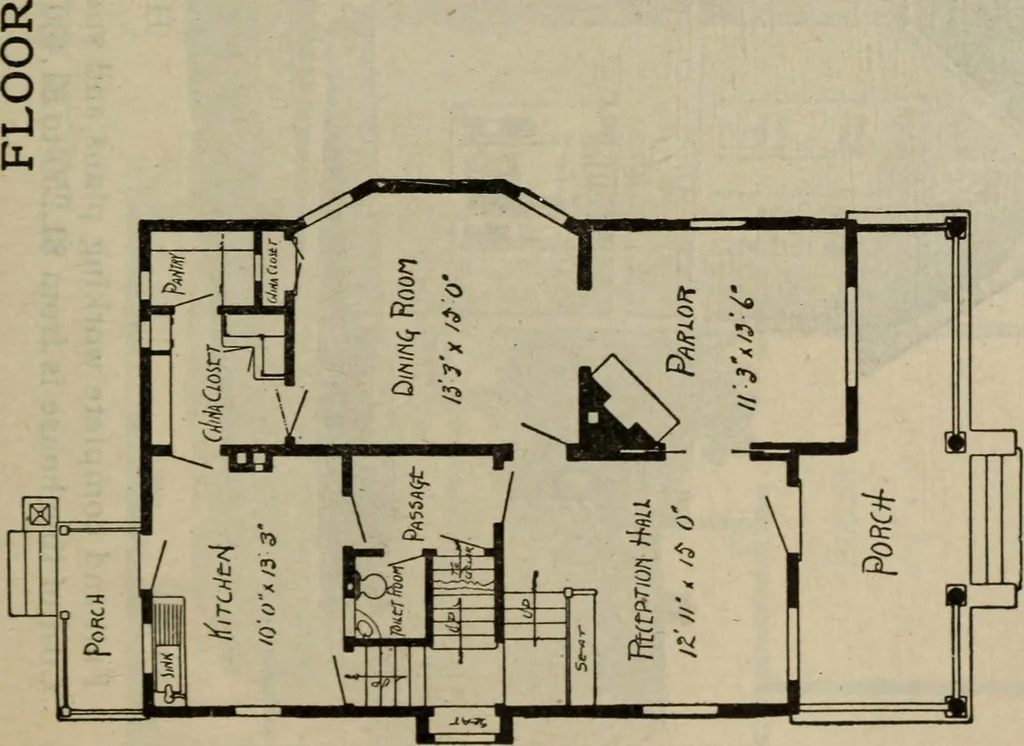 An illustration from Practical bungalows and cottages for town and country, perspective views and floor plans for three hundred low and medium priced houses and bungalows .., 1916, leaf 206
