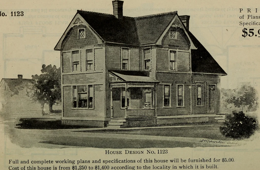 An illustration from Practical bungalows and cottages for town and country, perspective views and floor plans for three hundred low and medium priced houses and bungalows .., 1916, leaf 207