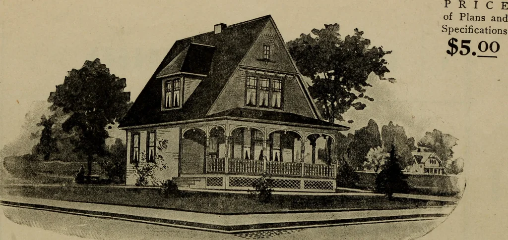 An illustration from Practical bungalows and cottages for town and country, perspective views and floor plans for three hundred low and medium priced houses and bungalows .., 1916, leaf 21
