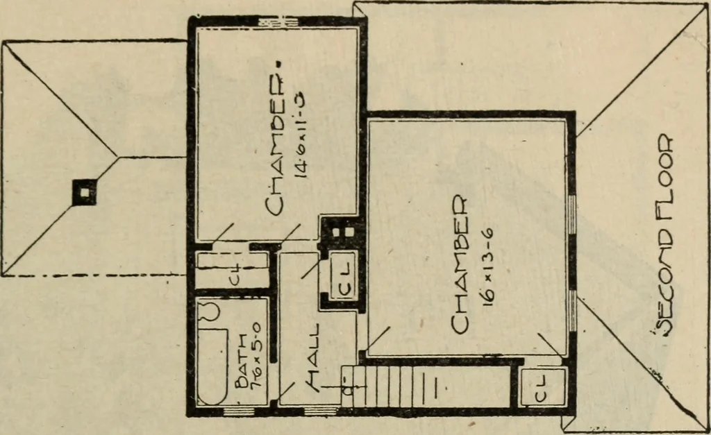 An illustration from Practical bungalows and cottages for town and country, perspective views and floor plans for three hundred low and medium priced houses and bungalows .., 1916, leaf 210