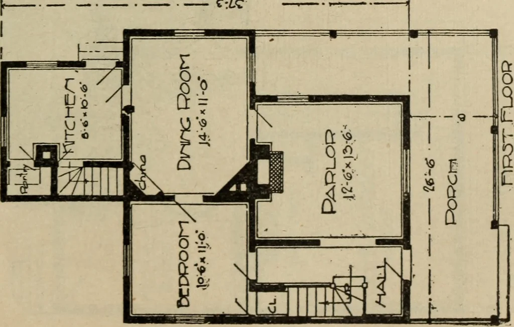 An illustration from Practical bungalows and cottages for town and country, perspective views and floor plans for three hundred low and medium priced houses and bungalows .., 1916, leaf 210