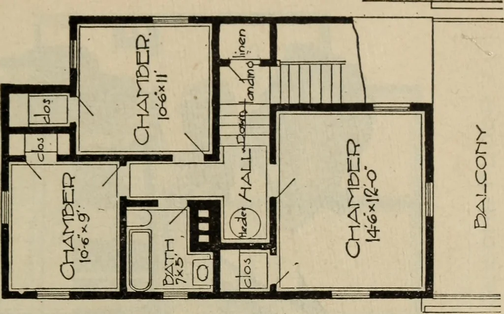 An illustration from Practical bungalows and cottages for town and country, perspective views and floor plans for three hundred low and medium priced houses and bungalows .., 1916, leaf 212
