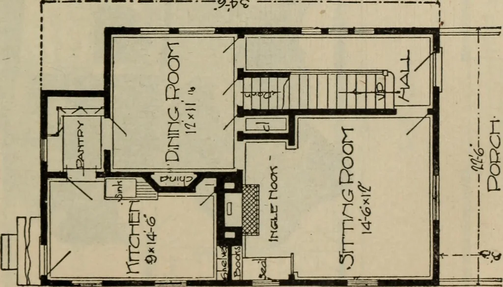 An illustration from Practical bungalows and cottages for town and country, perspective views and floor plans for three hundred low and medium priced houses and bungalows .., 1916, leaf 212