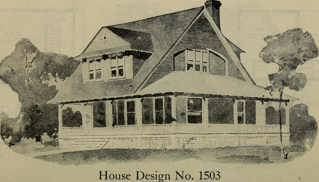 An illustration from Practical bungalows and cottages for town and country, perspective views and floor plans for three hundred low and medium priced houses and bungalows .., 1916, leaf 213