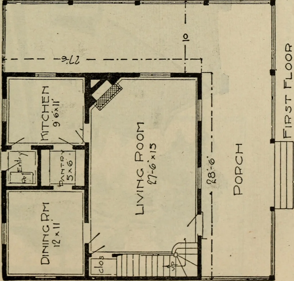 An illustration from Practical bungalows and cottages for town and country, perspective views and floor plans for three hundred low and medium priced houses and bungalows .., 1916, leaf 214