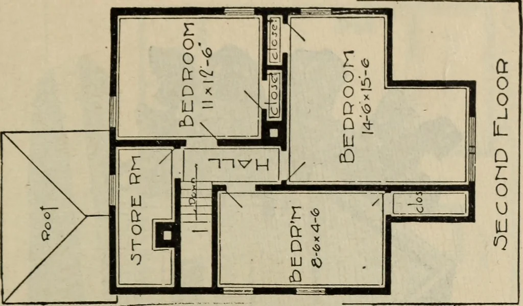 An illustration from Practical bungalows and cottages for town and country, perspective views and floor plans for three hundred low and medium priced houses and bungalows .., 1916, leaf 216