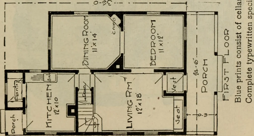 An illustration from Practical bungalows and cottages for town and country, perspective views and floor plans for three hundred low and medium priced houses and bungalows .., 1916, leaf 216
