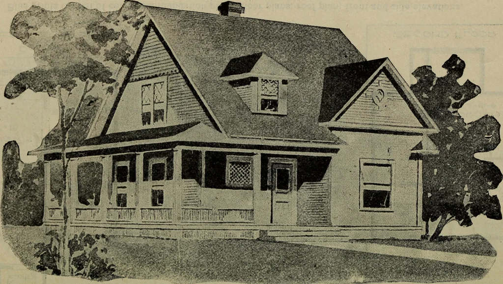 An illustration from Practical bungalows and cottages for town and country, perspective views and floor plans for three hundred low and medium priced houses and bungalows .., 1916, leaf 217