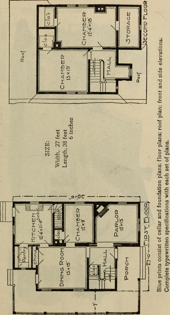 An illustration from Practical bungalows and cottages for town and country, perspective views and floor plans for three hundred low and medium priced houses and bungalows .., 1916, leaf 218