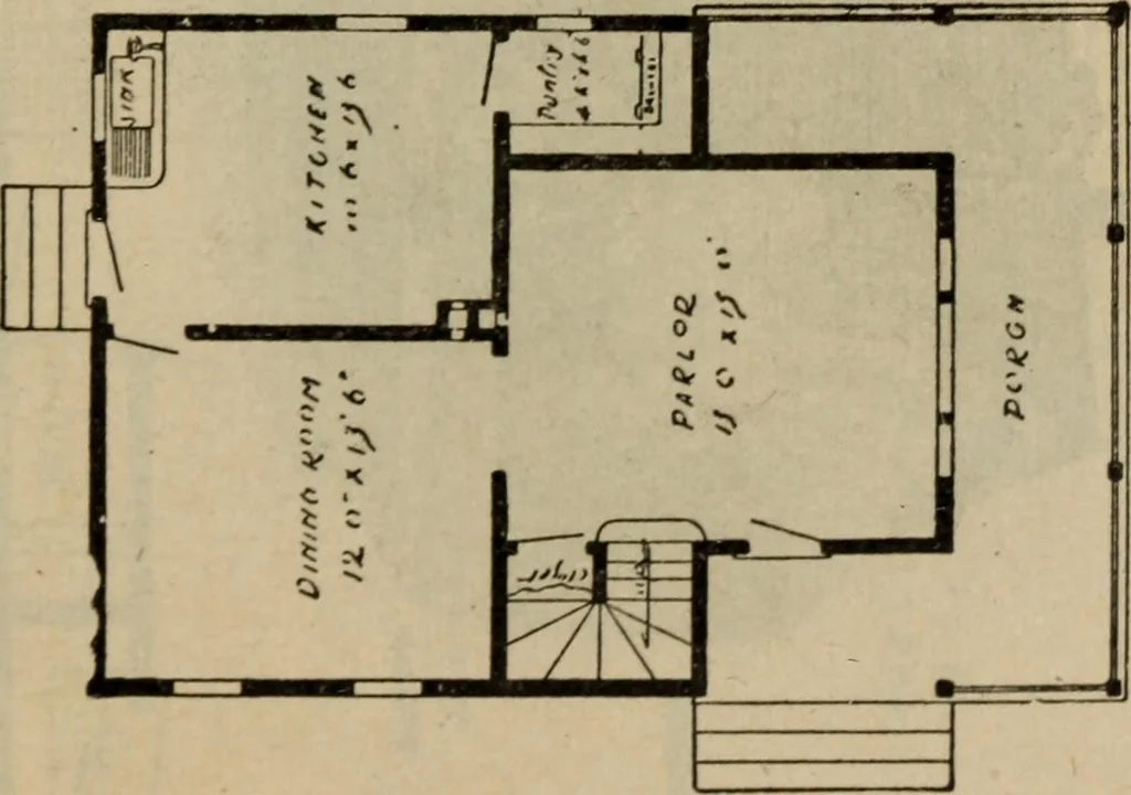 An illustration from Practical bungalows and cottages for town and country, perspective views and floor plans for three hundred low and medium priced houses and bungalows .., 1916, leaf 22