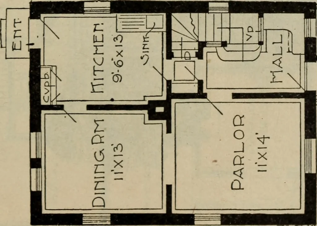 An illustration from Practical bungalows and cottages for town and country, perspective views and floor plans for three hundred low and medium priced houses and bungalows .., 1916, leaf 220