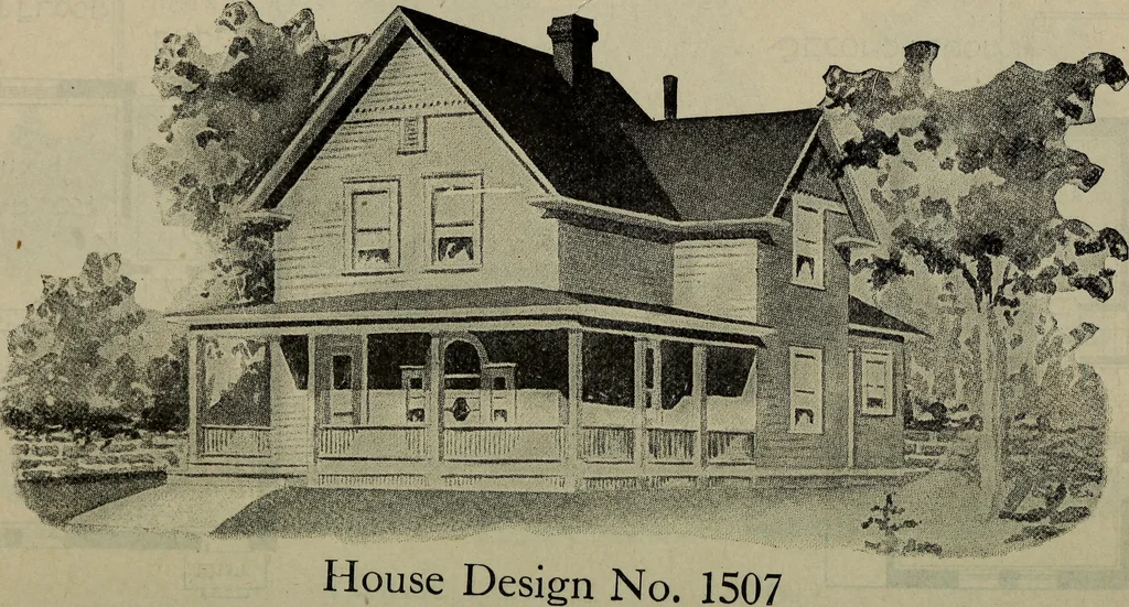 An illustration from Practical bungalows and cottages for town and country, perspective views and floor plans for three hundred low and medium priced houses and bungalows .., 1916, leaf 221