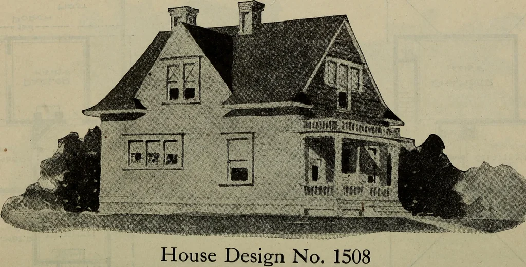 An illustration from Practical bungalows and cottages for town and country, perspective views and floor plans for three hundred low and medium priced houses and bungalows .., 1916, leaf 223