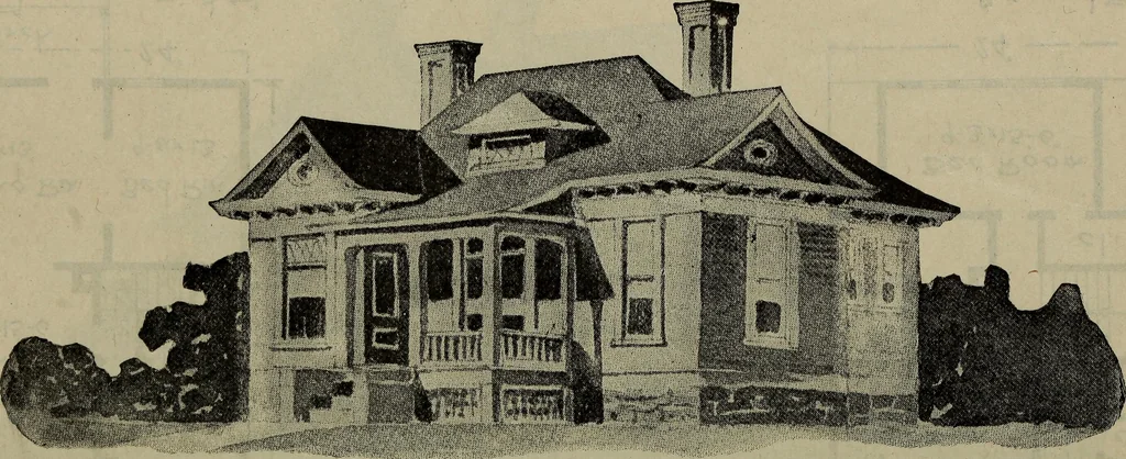 An illustration from Practical bungalows and cottages for town and country, perspective views and floor plans for three hundred low and medium priced houses and bungalows .., 1916, leaf 225