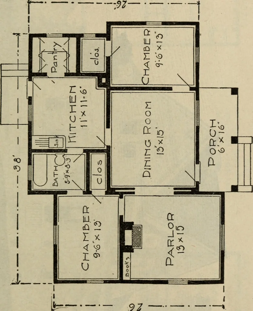 An illustration from Practical bungalows and cottages for town and country, perspective views and floor plans for three hundred low and medium priced houses and bungalows .., 1916, leaf 226