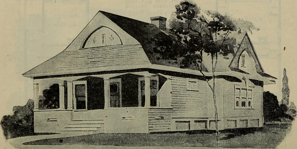 An illustration from Practical bungalows and cottages for town and country, perspective views and floor plans for three hundred low and medium priced houses and bungalows .., 1916, leaf 229