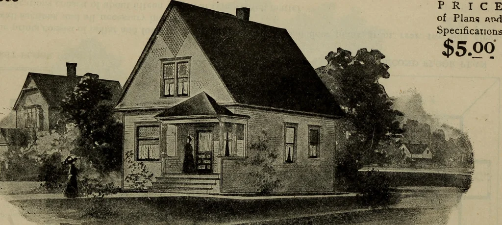 An illustration from Practical bungalows and cottages for town and country, perspective views and floor plans for three hundred low and medium priced houses and bungalows .., 1916, leaf 23