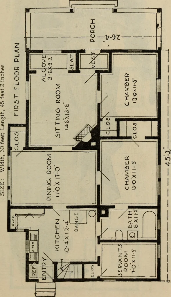 An illustration from Practical bungalows and cottages for town and country, perspective views and floor plans for three hundred low and medium priced houses and bungalows .., 1916, leaf 230