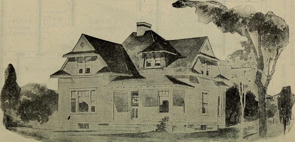 An illustration from Practical bungalows and cottages for town and country, perspective views and floor plans for three hundred low and medium priced houses and bungalows .., 1916, leaf 231
