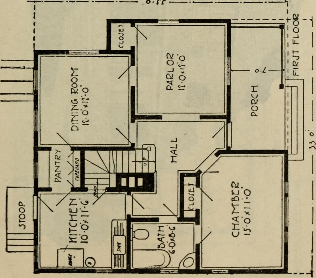 An illustration from Practical bungalows and cottages for town and country, perspective views and floor plans for three hundred low and medium priced houses and bungalows .., 1916, leaf 232