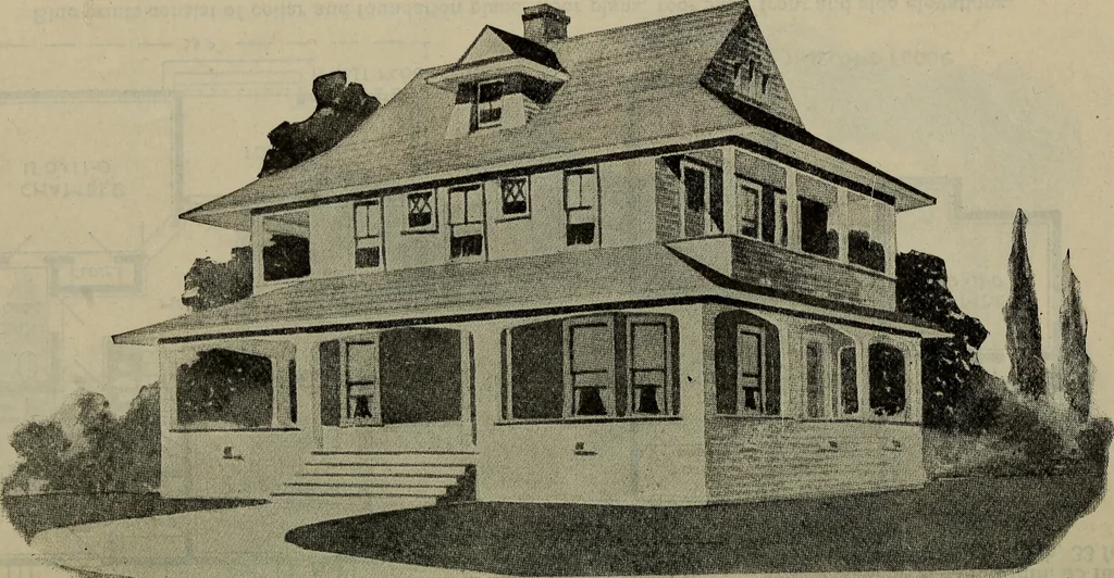 An illustration from Practical bungalows and cottages for town and country, perspective views and floor plans for three hundred low and medium priced houses and bungalows .., 1916, leaf 233