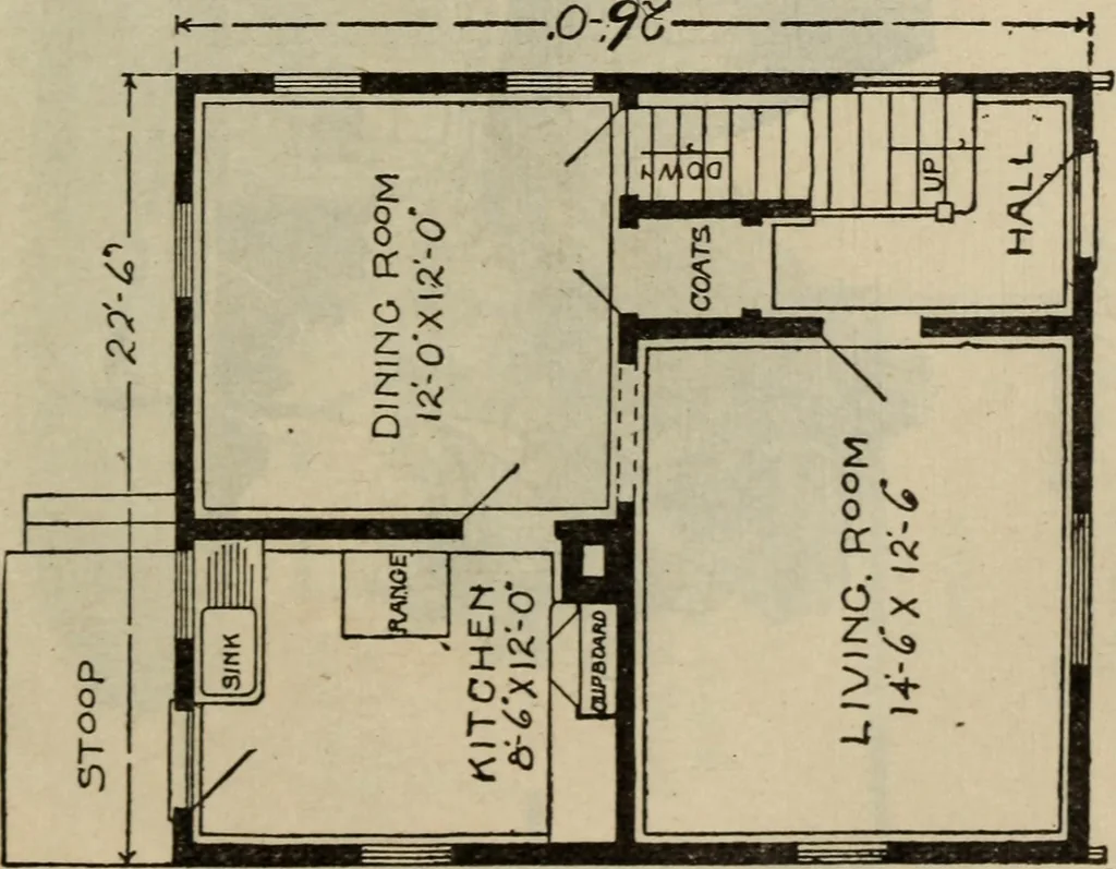 An illustration from Practical bungalows and cottages for town and country, perspective views and floor plans for three hundred low and medium priced houses and bungalows .., 1916, leaf 236