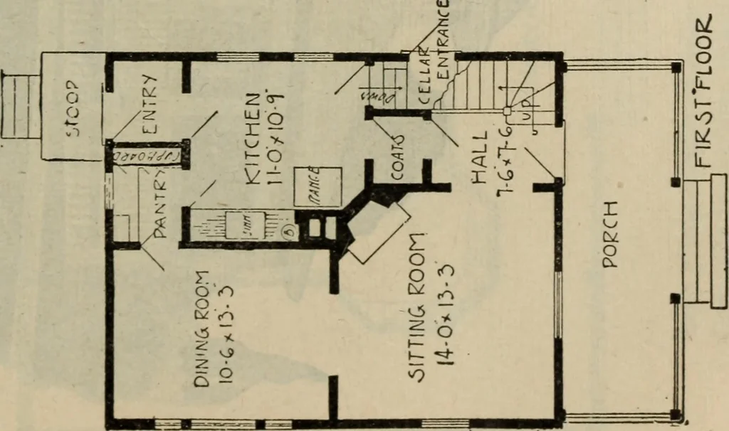 An illustration from Practical bungalows and cottages for town and country, perspective views and floor plans for three hundred low and medium priced houses and bungalows .., 1916, leaf 238