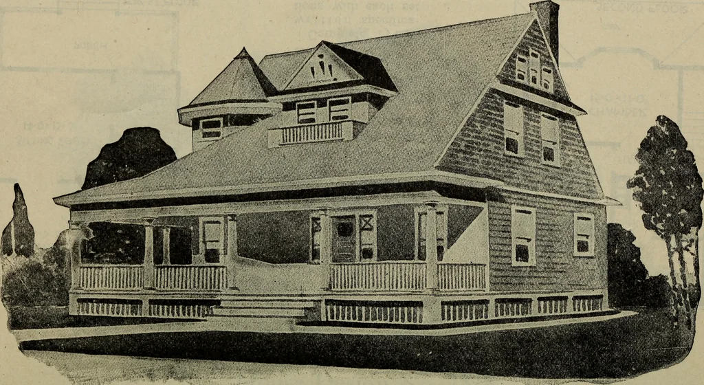 An illustration from Practical bungalows and cottages for town and country, perspective views and floor plans for three hundred low and medium priced houses and bungalows .., 1916, leaf 239