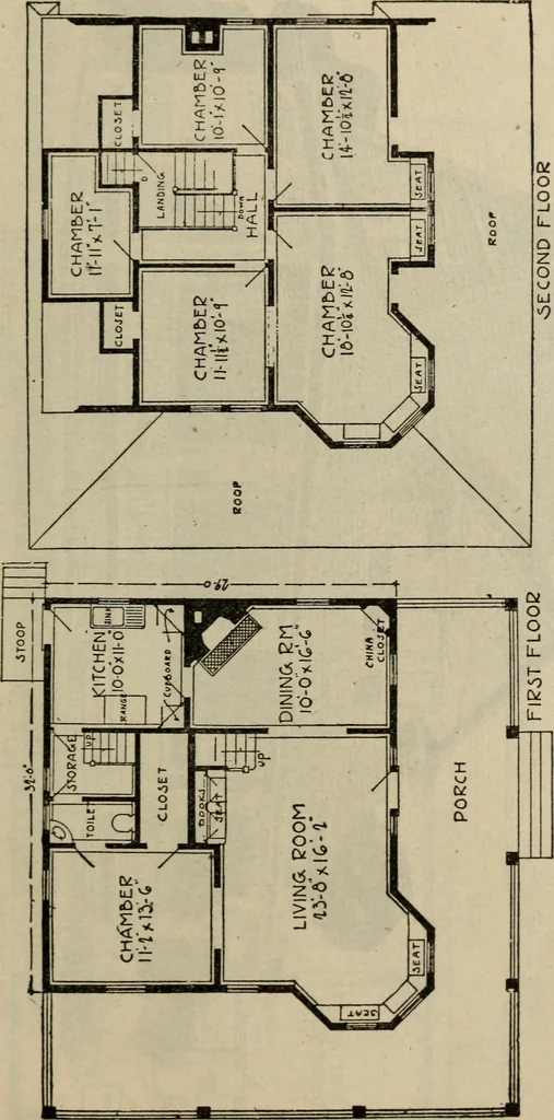 An illustration from Practical bungalows and cottages for town and country, perspective views and floor plans for three hundred low and medium priced houses and bungalows .., 1916, leaf 240