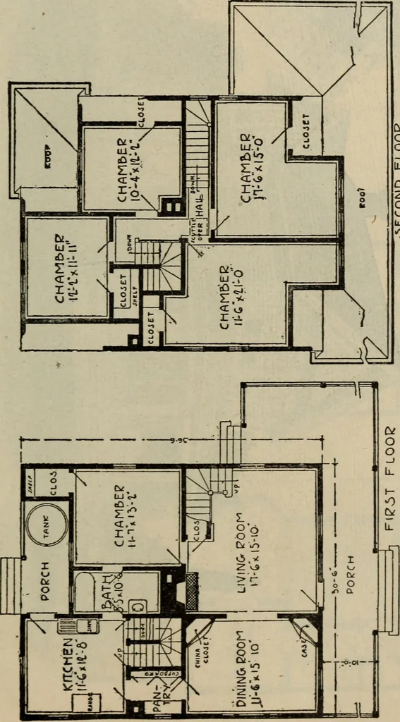 An illustration from Practical bungalows and cottages for town and country, perspective views and floor plans for three hundred low and medium priced houses and bungalows .., 1916, leaf 242
