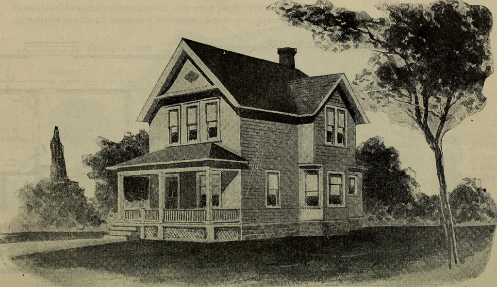 An illustration from Practical bungalows and cottages for town and country, perspective views and floor plans for three hundred low and medium priced houses and bungalows .., 1916, leaf 243