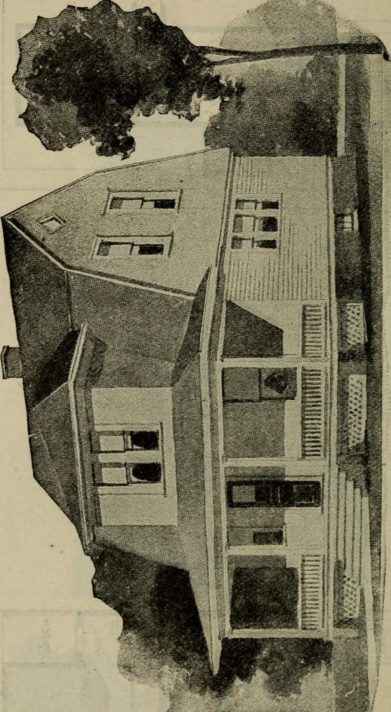 An illustration from Practical bungalows and cottages for town and country, perspective views and floor plans for three hundred low and medium priced houses and bungalows .., 1916, leaf 247