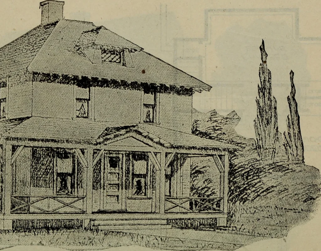An illustration from Practical bungalows and cottages for town and country, perspective views and floor plans for three hundred low and medium priced houses and bungalows .., 1916, leaf 249