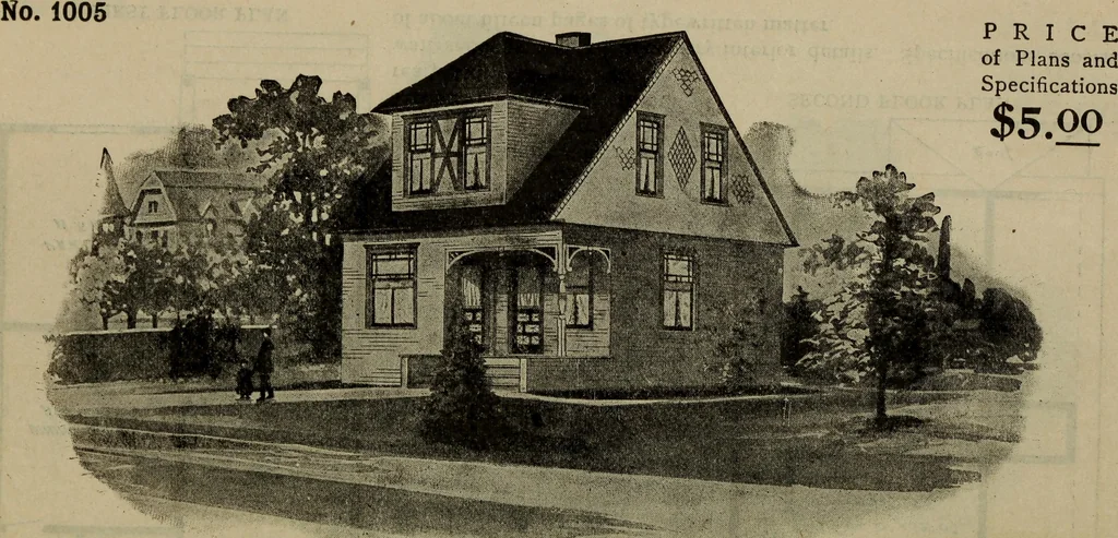 An illustration from Practical bungalows and cottages for town and country, perspective views and floor plans for three hundred low and medium priced houses and bungalows .., 1916, leaf 25