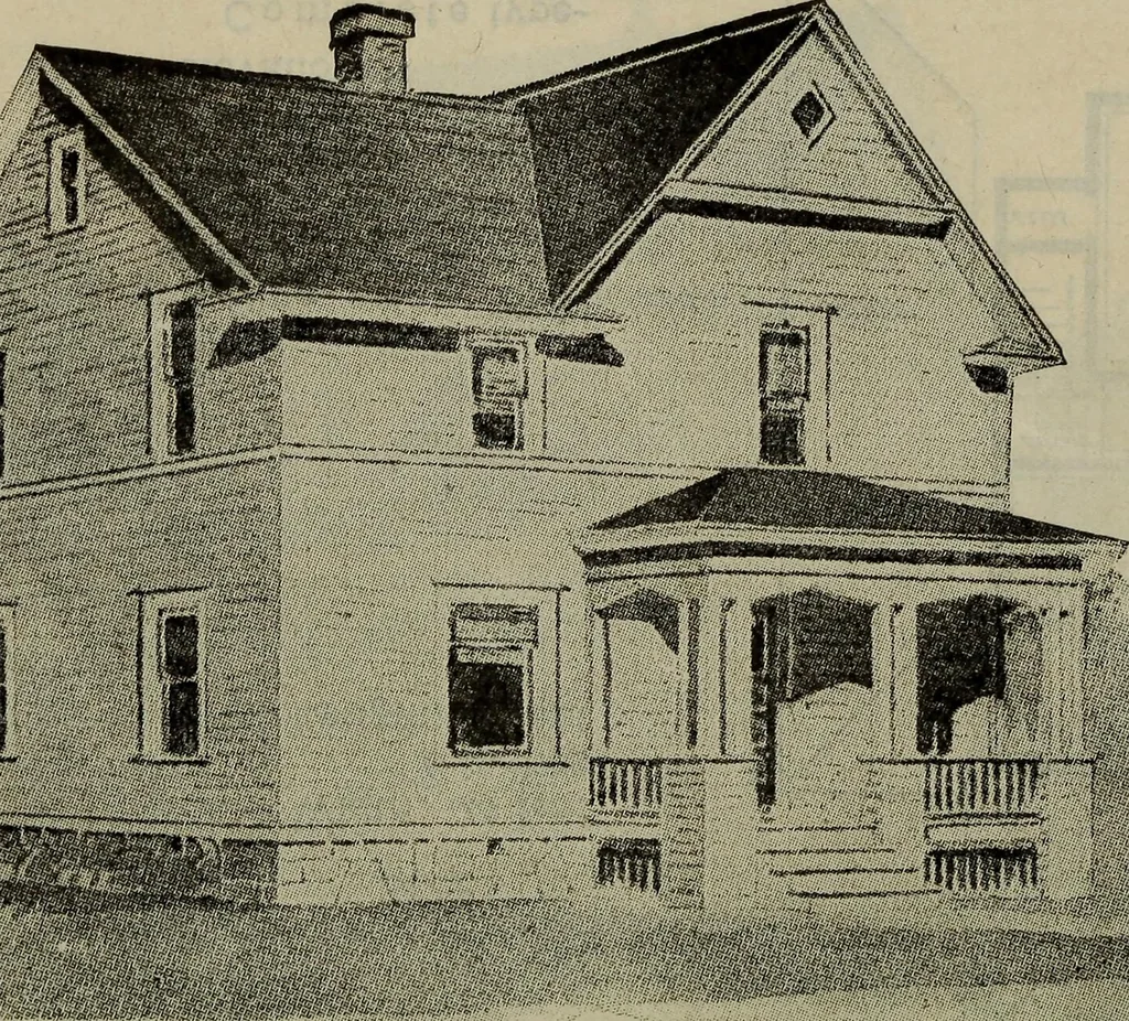 An illustration from Practical bungalows and cottages for town and country, perspective views and floor plans for three hundred low and medium priced houses and bungalows .., 1916, leaf 253