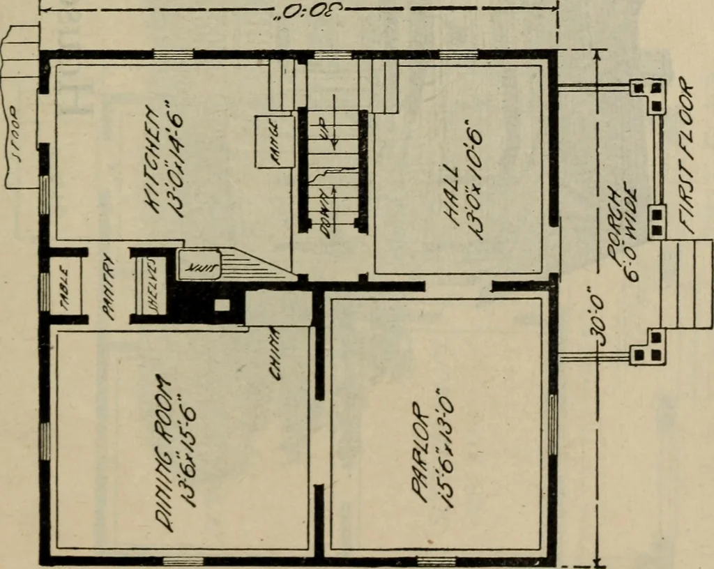 An illustration from Practical bungalows and cottages for town and country, perspective views and floor plans for three hundred low and medium priced houses and bungalows .., 1916, leaf 254