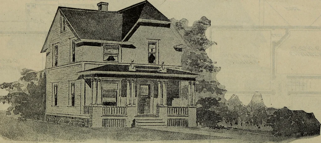 An illustration from Practical bungalows and cottages for town and country, perspective views and floor plans for three hundred low and medium priced houses and bungalows .., 1916, leaf 255