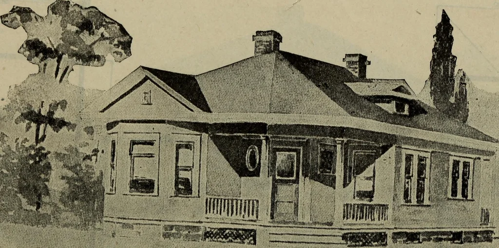 An illustration from Practical bungalows and cottages for town and country, perspective views and floor plans for three hundred low and medium priced houses and bungalows .., 1916, leaf 259