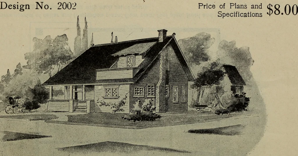 An illustration from Practical bungalows and cottages for town and country, perspective views and floor plans for three hundred low and medium priced houses and bungalows .., 1916, leaf 261