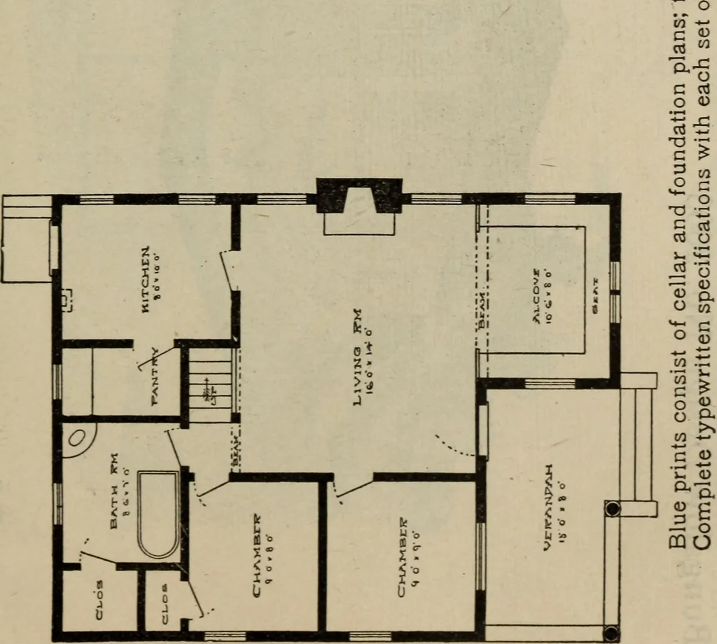 An illustration from Practical bungalows and cottages for town and country, perspective views and floor plans for three hundred low and medium priced houses and bungalows .., 1916, leaf 262
