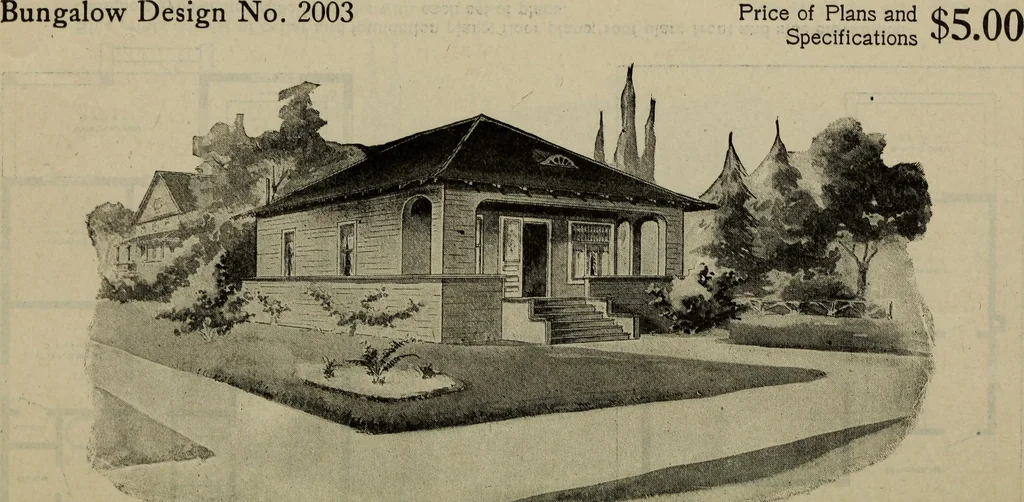 An illustration from Practical bungalows and cottages for town and country, perspective views and floor plans for three hundred low and medium priced houses and bungalows .., 1916, leaf 263