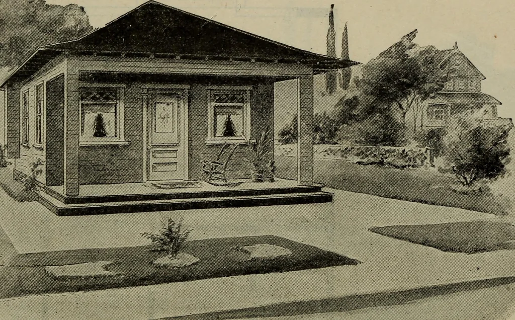 An illustration from Practical bungalows and cottages for town and country, perspective views and floor plans for three hundred low and medium priced houses and bungalows .., 1916, leaf 265