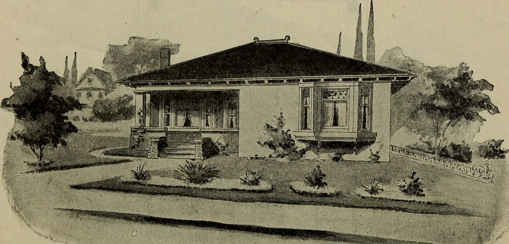 An illustration from Practical bungalows and cottages for town and country, perspective views and floor plans for three hundred low and medium priced houses and bungalows .., 1916, leaf 267