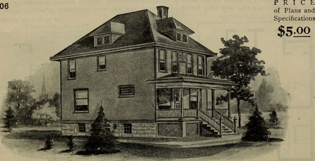 An illustration from Practical bungalows and cottages for town and country, perspective views and floor plans for three hundred low and medium priced houses and bungalows .., 1916, leaf 27